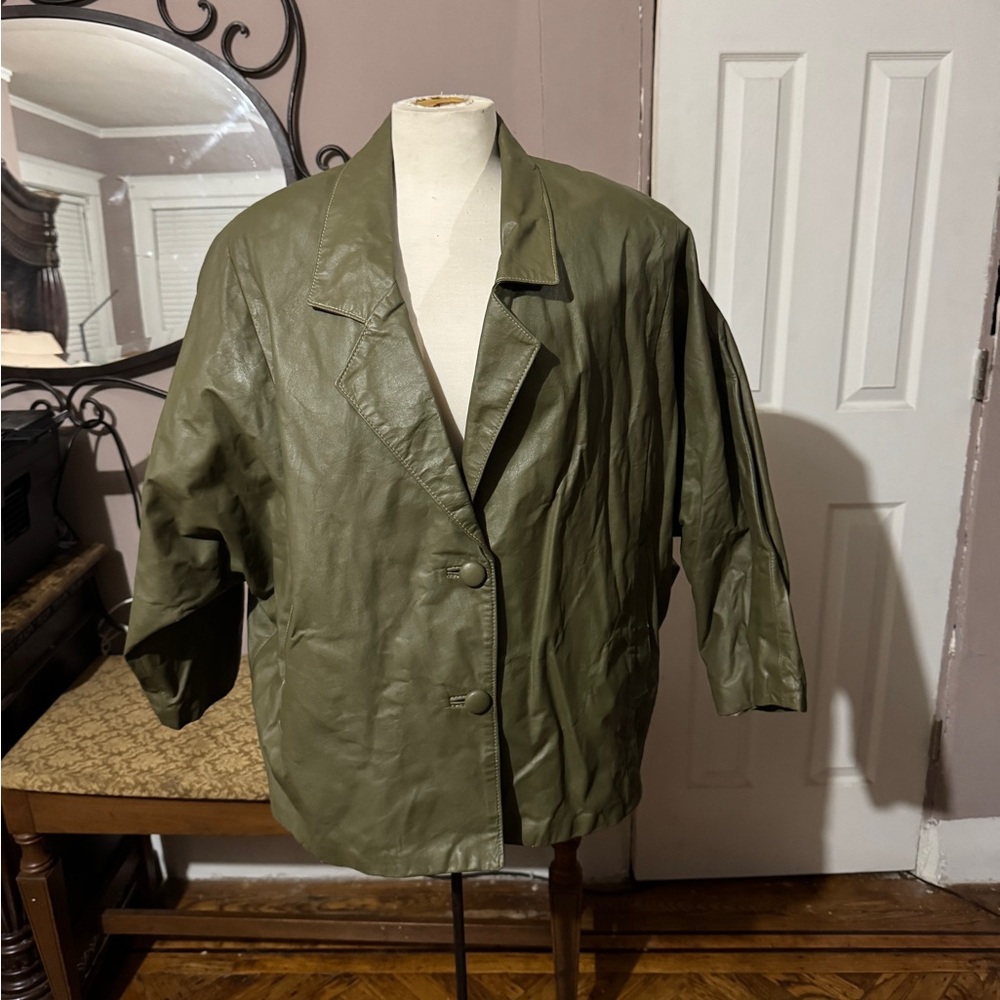 Vintage Olive Green Leather Jacket for Women